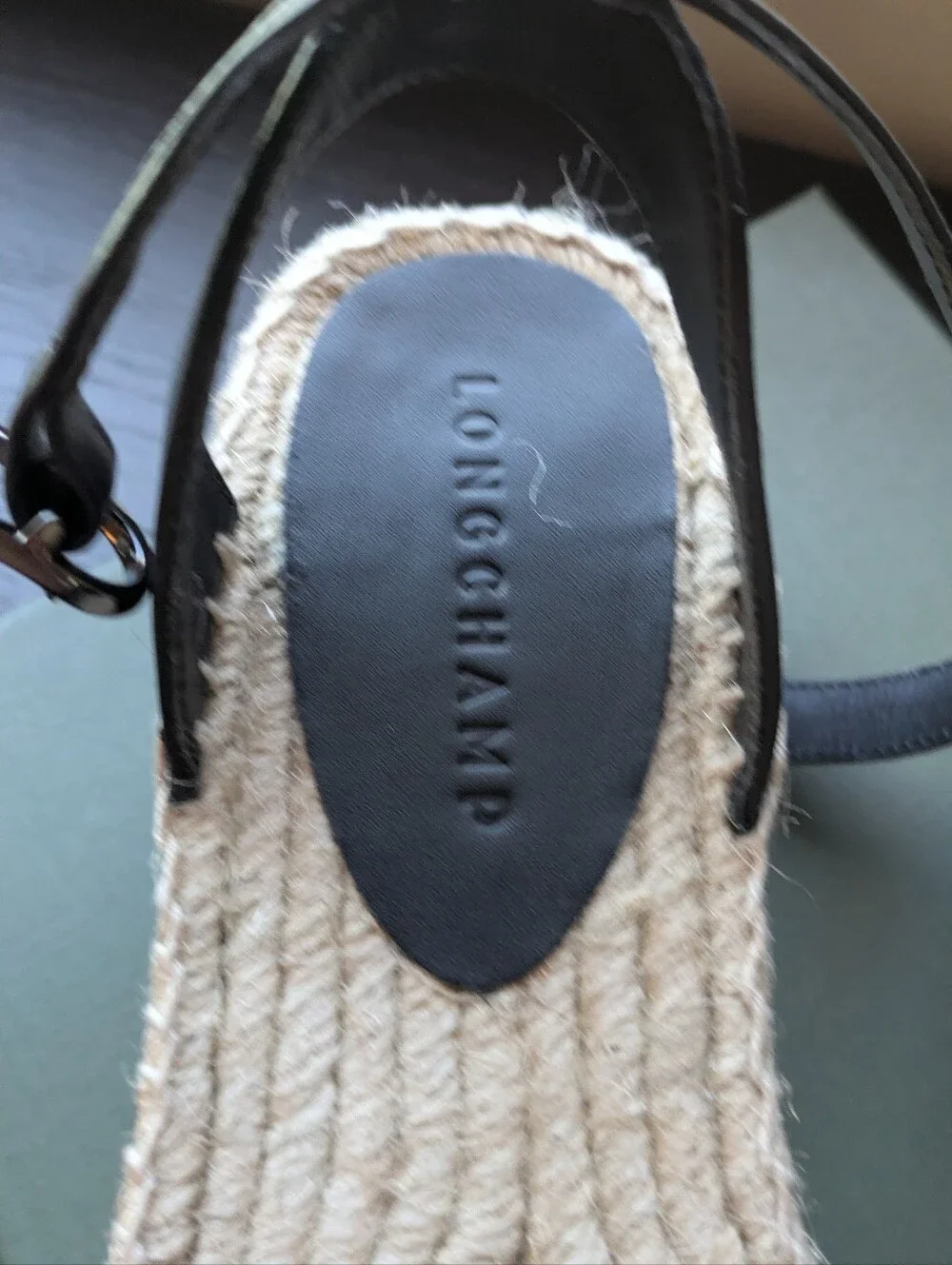 New With Box Longchamp Black Leather Espadrille Sandals with Brown Toggle Accent